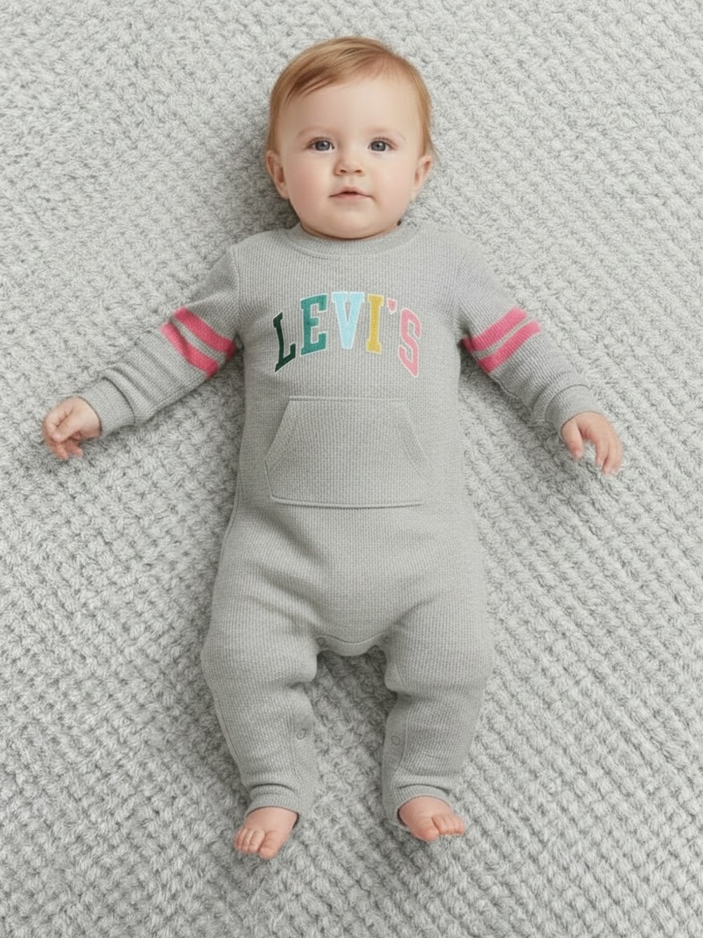 Levi's Baby Girl Grey Waffle Knit Pink Stripes & Multicoloured Logo Coverall 3M